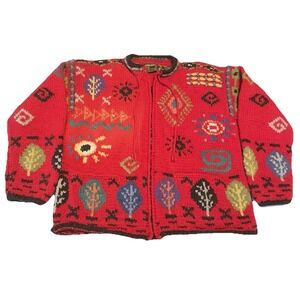 Vintage Galapagos Collection Red Leaves Sweater Hand Knit Virgin Wool Chunky
